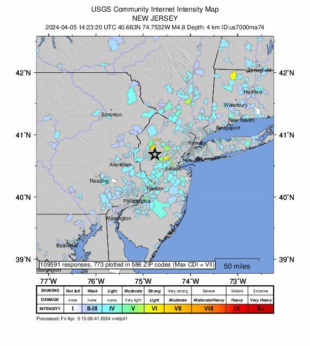 USGS map of earthquake in the northeastern US on 04/05/2024