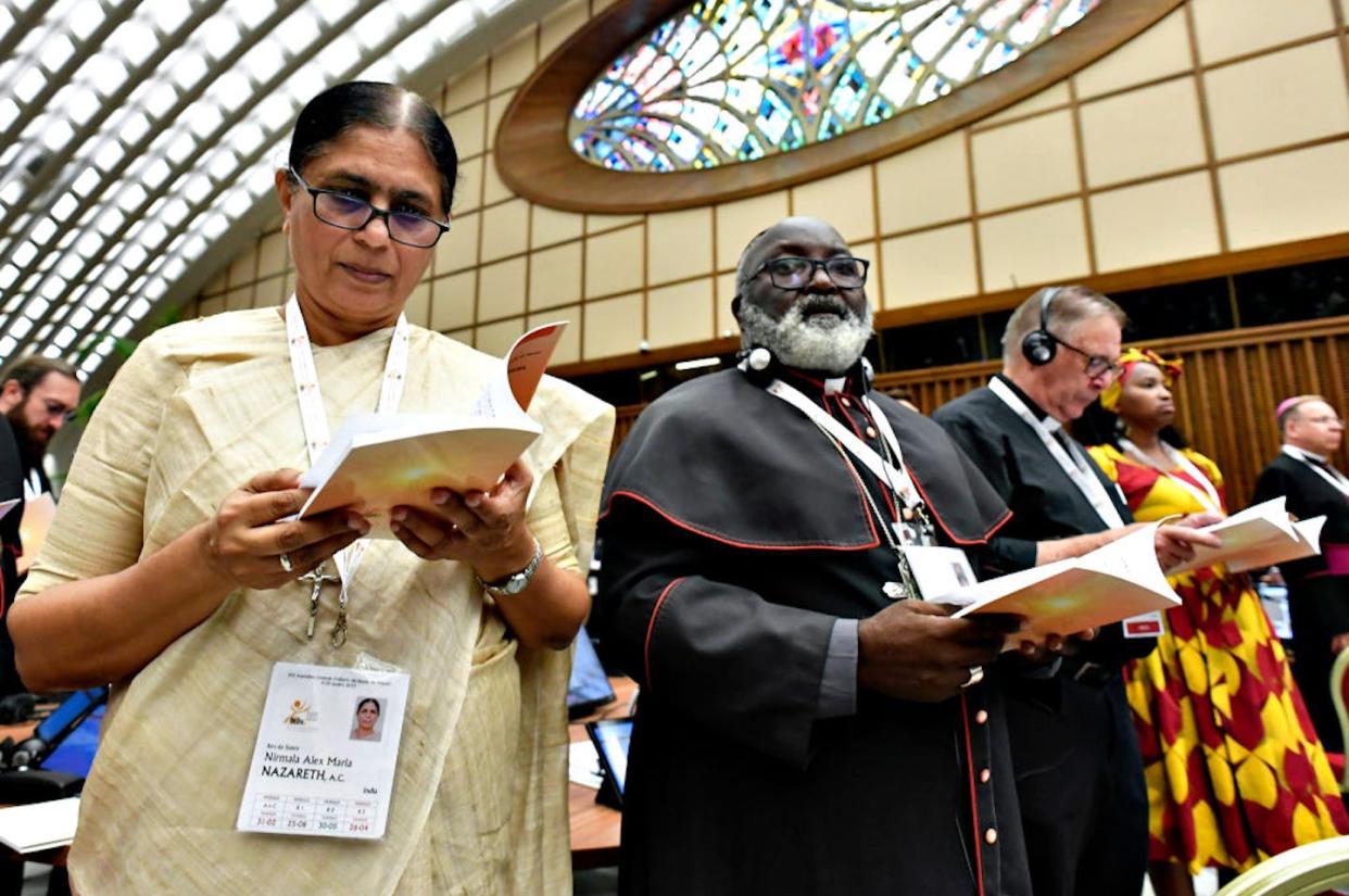 Delegates attend the opening of the General Assembly of the Synod of Bishops on Oct. 4, 2023, at the Vatican. <a href="https://www.gettyimages.com/detail/news-photo/delegates-attend-the-opening-of-the-xvi-ordinary-general-news-photo/1717279413?adppopup=true" rel="nofollow noopener" target="_blank" data-ylk="slk:Vatican Media via Vatican Pool/Getty Images;elm:context_link;itc:0;sec:content-canvas" class="link ">Vatican Media via Vatican Pool/Getty Images</a>