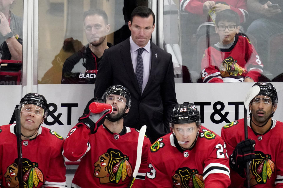 Chicago Blackhawks head coach Luke Richardson, top center, watches the second period of an NHL hockey game against the Seattle Kraken in Chicago, Sunday, Oct. 23, 2022. (AP Photo/Nam Y. Huh)