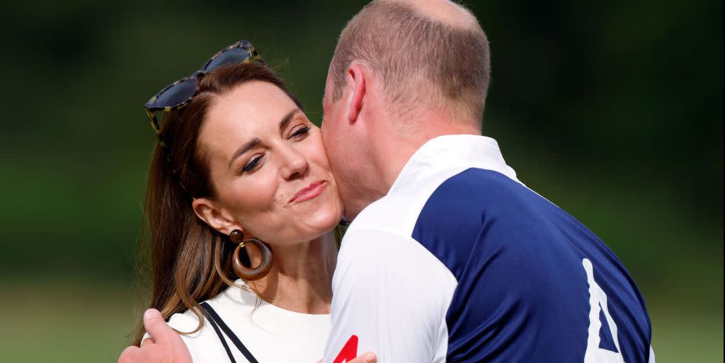 windsor, united kingdom   july 06 embargoed for publication in uk newspapers until 24 hours after create date and time catherine, duchess of cambridge kisses prince william, duke of cambridge during the prize giving of the out sourcing inc royal charity polo cup at guards polo club, flemish farm on july 6, 2022 in windsor, england photo by max mumbyindigogetty images