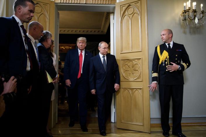 <div class="inline-image__caption"><p>President Donald Trump and Russia’s President Vladimir Putin arrive for a meeting at Finland’s Presidential Palace on July 16, 2018, in Helsinki.</p></div> <div class="inline-image__credit">Brendan Smialowski/AFP via Getty</div>