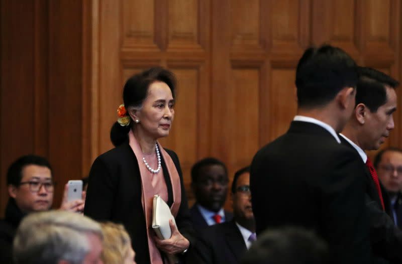 Myanmar's leader Aung San Suu Kyi arrives at the International Court of Justice in The Hague