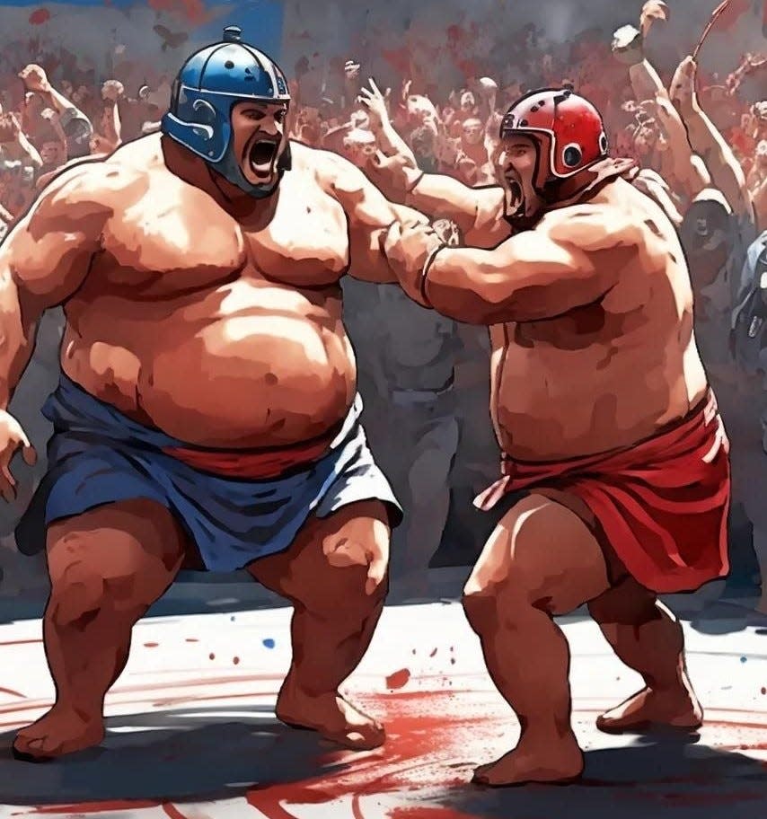 Illustration of "Beer Belly Sumo Wrestling," to be featured at The Florida Man Games on February 24, 2024.