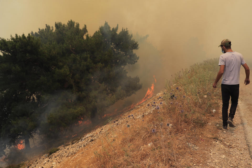 A man looks at a wildfire burning near the village of Qobayat, in the northern Akkar province, Lebanon, Thursday, July 29, 2021. Lebanese firefighters are struggling for the second day to contain wildfires in the country's north that have spread across the border into Syria, civil defense officials in both countries said Thursday. (AP Photo/Hussein Malla)