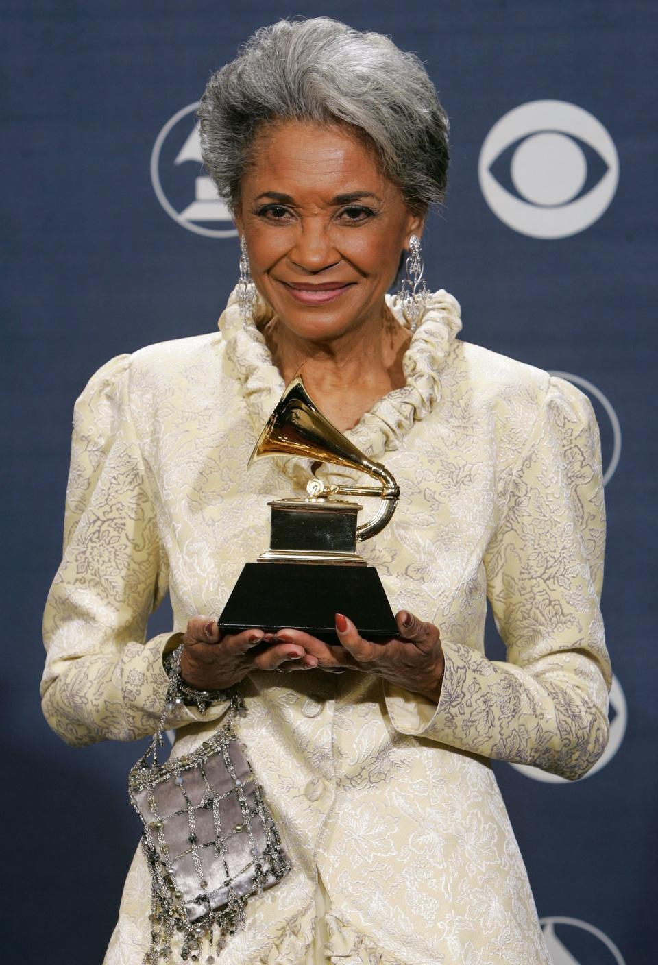 Nancy Wilson poses with her award for best jazz vocal album for "R.S.V.P. (Rare Songs, Very Personal)" at the 47th annual Grammy Awards in Los Angeles in 2005.