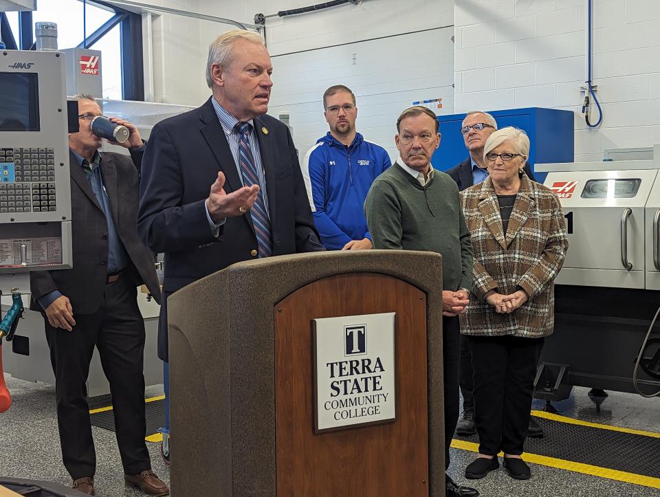 Ohio state Sen. Bill Reineke, R-Tiffin, speaks about the importance of skilled trades education at the grand opening of the new National Machinery Advance CNC Lab at Terra State Community College.