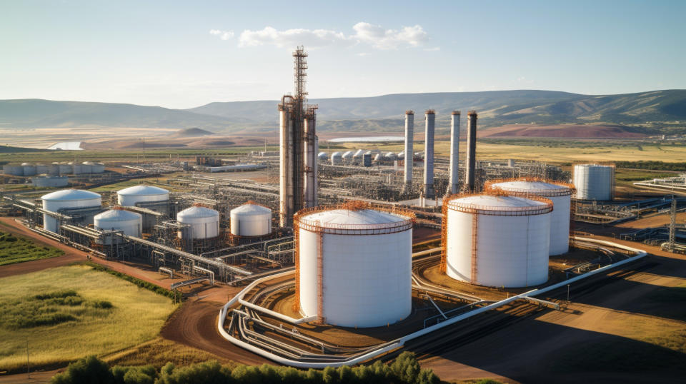 Aerial view of a refinery tower surrounded by the sprawling landscape of pipelines in an oil & gas midstream facility.