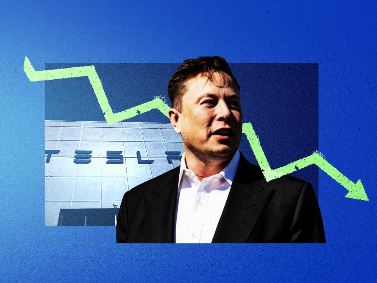 Collage featuring Elon Musk, Tesla Motors dealership facade with logo, and a downward trending arrow