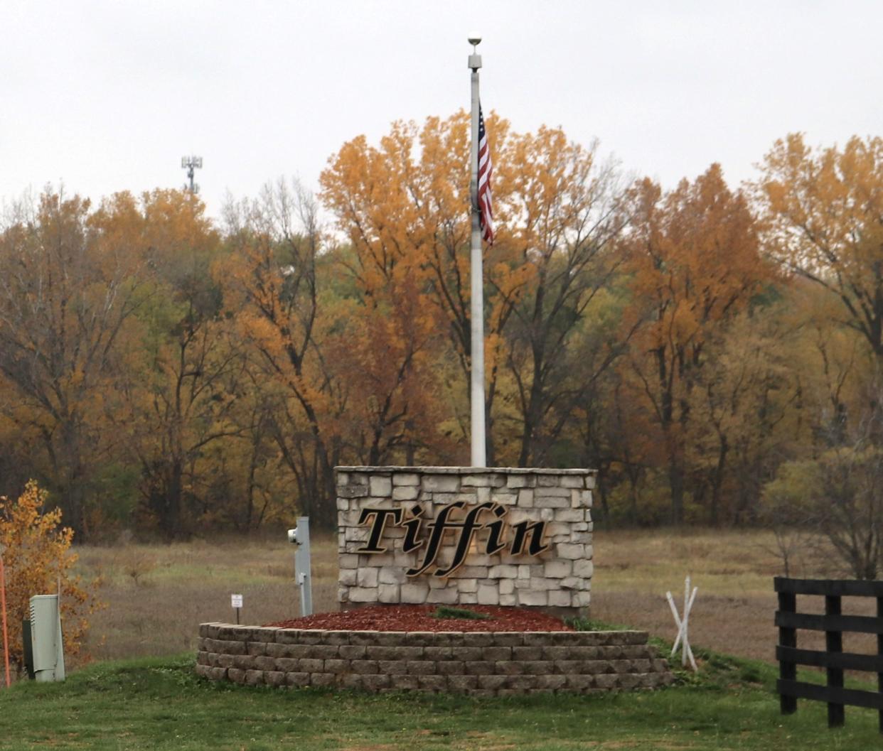 A general view of the city of Tiffin's welcome sign along Ireland Avenue on Wednesday, Oct. 25, 2023.