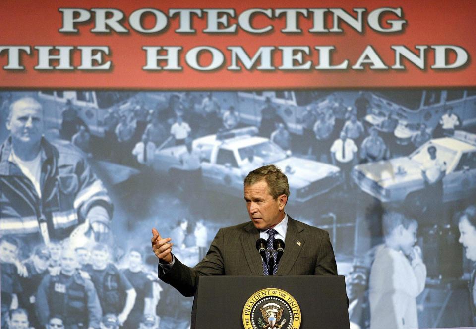 President George W. Bush makes remarks on the USA Patriot Act, April 19, 2004 at Hershey Lodge and Convention Center in Hershey, PA. Bush launched a campaign to get an extension of controversial anti-terrorism legislation passed after the September 11 attacks in 2001.