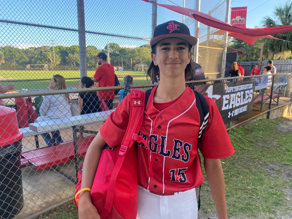 Sophomore James Rheinecker manned the mound for five innings in Monday’s district quarterfinal win over Berean Christian, giving up no runs on two hits with three strikeouts for Jupiter Christian.