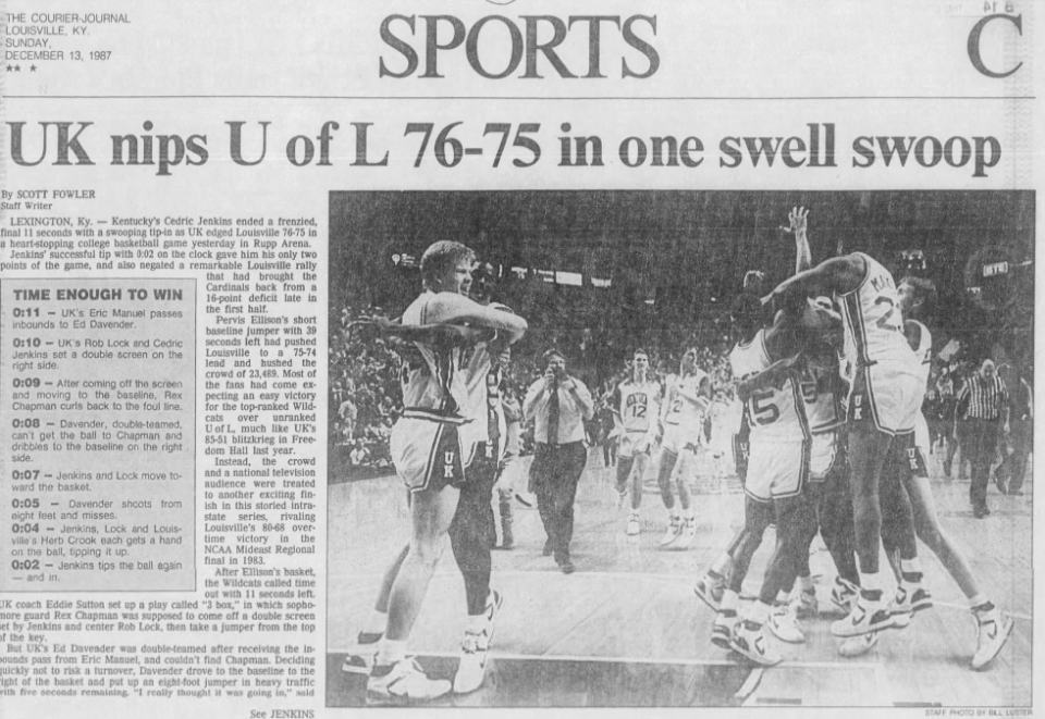 The front page of The Courier Journal's Sports section on Dec. 13, 1987, after Kentucky basketball's last-second victory against rival Louisville at Rupp Arena in Lexington, KY. The Wildcats beat the Cardinals 76-75.