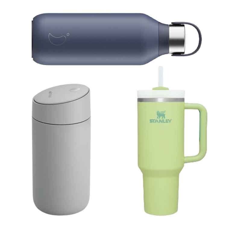 Clockwise from top left: Chilly's whale bottle, Stanley Stainless Steel Tumbler, Fellow Carter Slide Mug