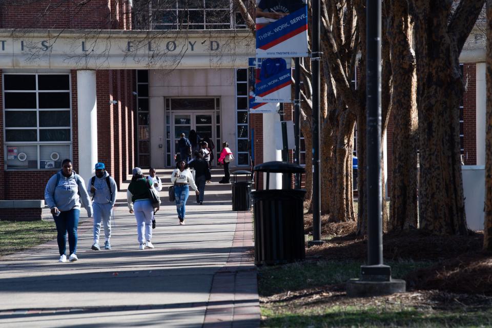 Students walk out of the student center on the Tennessee State University campus in Nashville, Tenn., on Tuesday, Feb. 6, 2024.