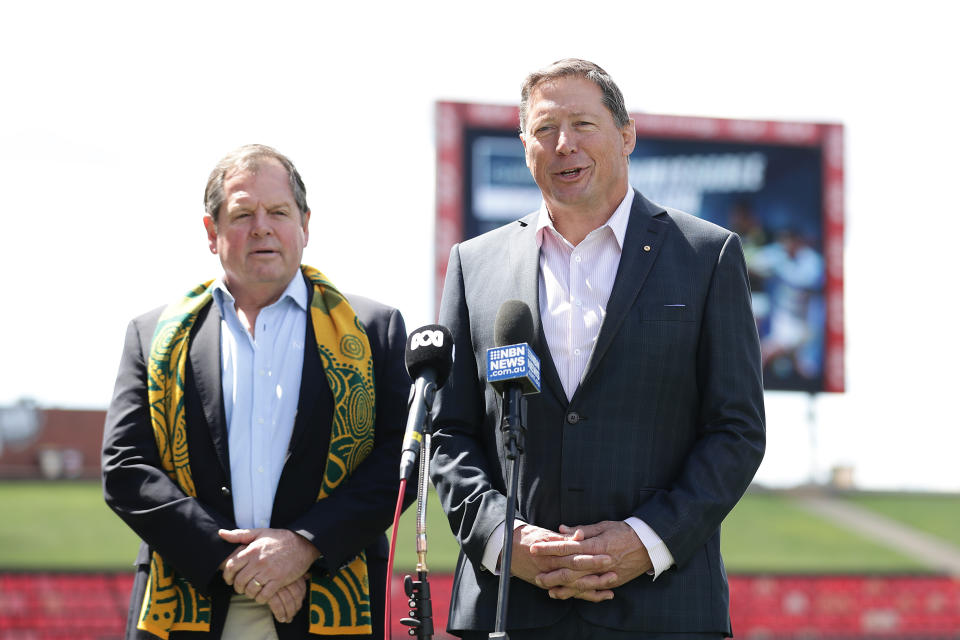 Former Wallaby Phil Kearns speaks to the media during The Rugby Championship 2021 Fixture announcement at McDonald Jones Stadium on September 24, 2020 in Newcastle, Australia.