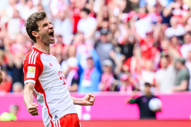 Munich's Thomas Mueller celebrates scoring his side's second goal during the German Bundesliga soccer match between Bayern Munich and 1. FC Cologne at Allianz Arena. Tom Weller/dpa