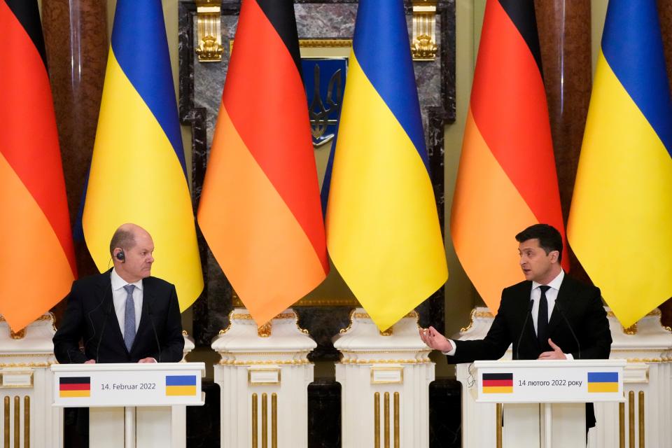 File photo of German chancellor Olaf Scholz and Ukrainian president Volodymyr Zelensky (AP)