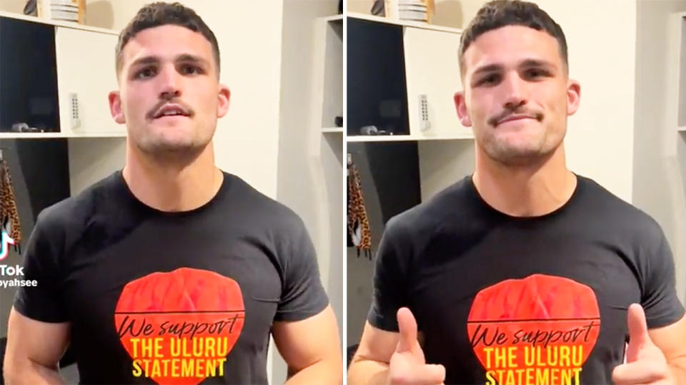 Nathan Cleary, pictured here showing his support for the 'Yes' campaign. 