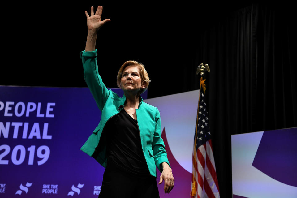 Elizabeth Warren&rsquo;s performance at the She The People Forum in Houston in April was considered a key moment in her rise to the top tier of the race. (Photo: Loren Elliott / Reuters)