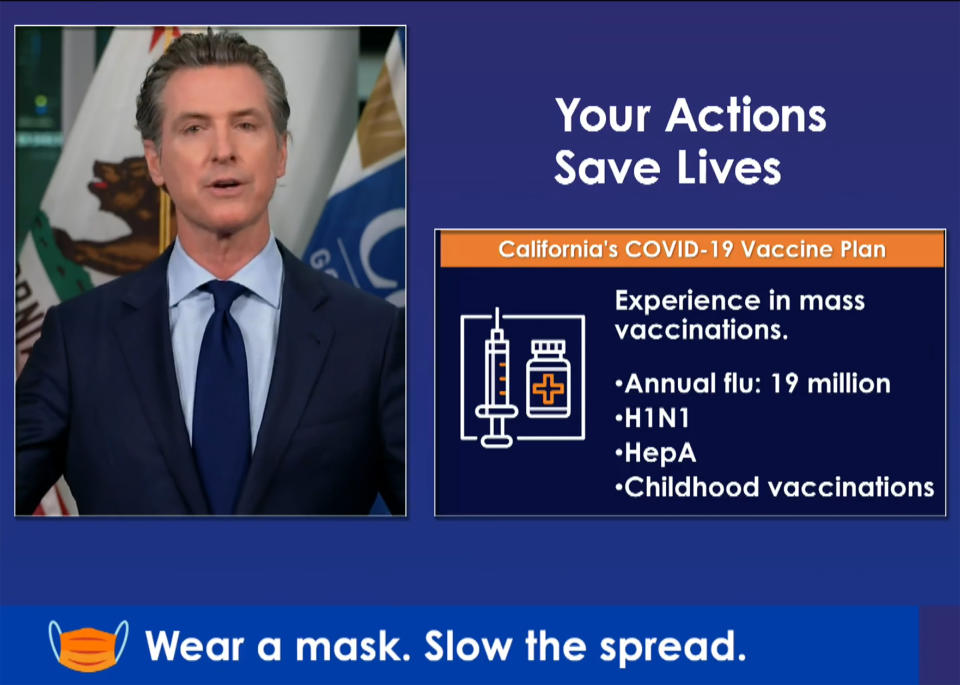 In this image taken from a live-streamed video from the California Governor's Office, California Gov. Gavin Newsom talks during a news conference on Monday, Oct. 19, 2020, in Sacramento, Calif. Newsom said California won't allow any distribution of new coronavirus vaccines in the nation's most populous state until it is reviewed by the state's own panel of experts. (California Governor's Office via AP)