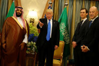 <p>President Donald Trump, flanked by White House senior advisor Jared Kushner (2nd R) and chief economic advisor Gary Cohn (R), delivers remarks to reporters after meeting with Saudi Arabia’s Deputy Crown Prince and Minister of Defense Mohammed bin Salman (L) at the Ritz Carlton Hotel in Riyadh, Saudi Arabia on May 20, 2017. (Photo: Jonathan Ernst/Reuters) </p>