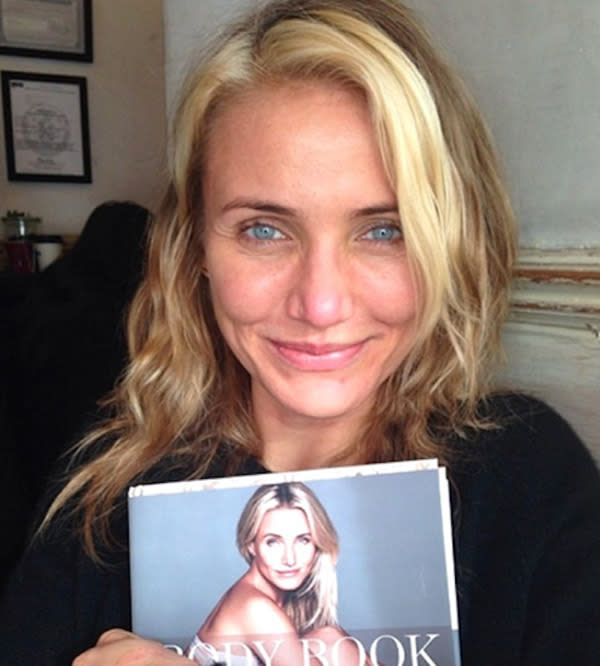 <br><b>Cameron Diaz:</b> After receiving the first bound copy of her book, Cameron uploaded a picture to her social media accounts bare faced and beaming.