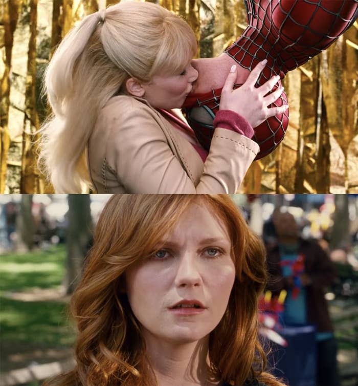 Mary Jane watches as Peter tells Gwen to kiss him.