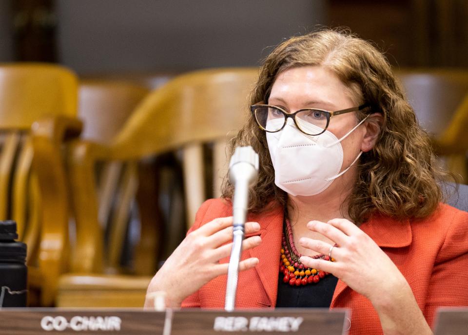 Co-chair Representative Julie Fahey, D-Eugene, discusses SB 891 during a work session of the second special session at the Oregon State Capitol Building in Salem on Monday.