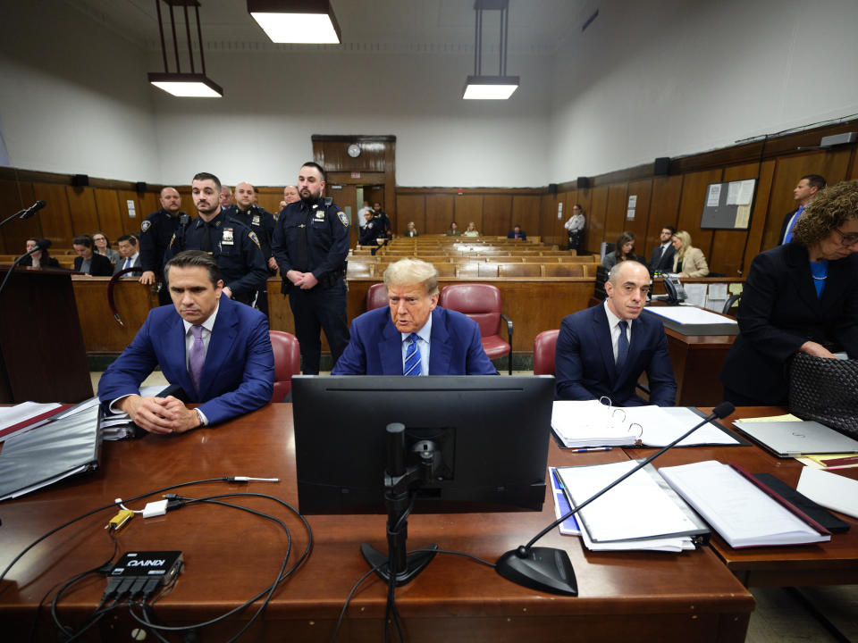 <br>(L-R) attorney Todd Blanche, Donald Trump, and attorney Emil Bove Credit: Getty