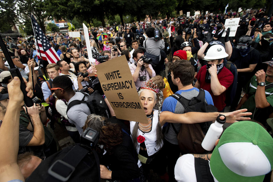 A counterprotester at a Proud Boys rally in Portland, Oregon, on Saturday. (Photo: ASSOCIATED PRESS)