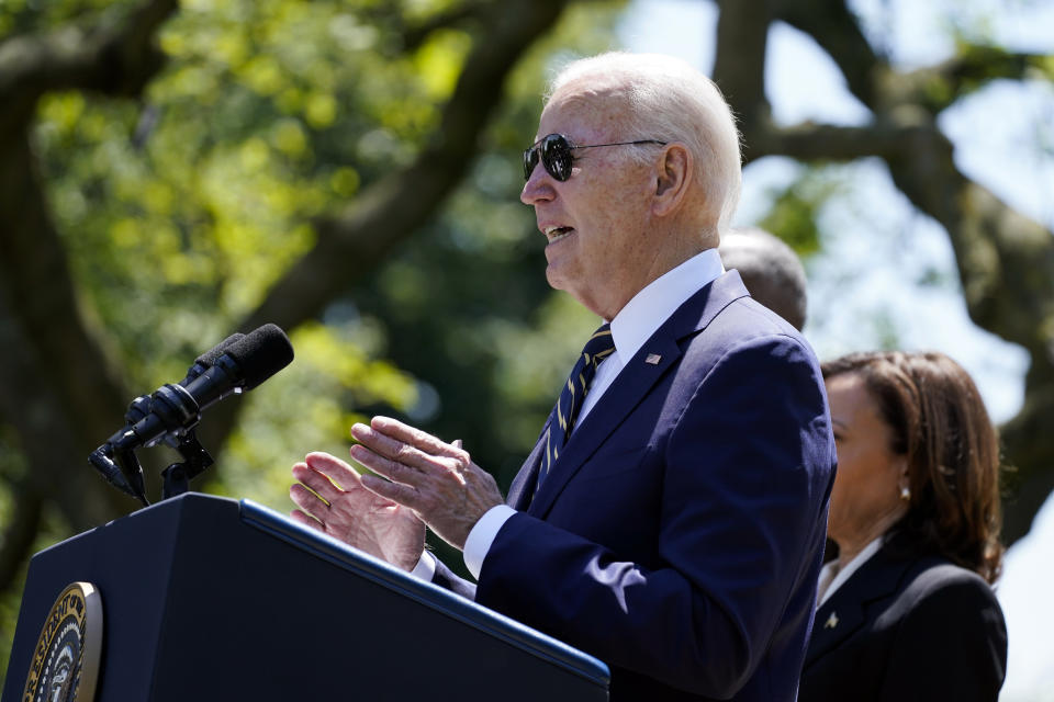 President Joe Biden speaks in the Rose Garden of the White House in Washington, Thursday, May 25, 2023, on his intent to nominate U.S. Air Force Chief of Staff Gen. CQ Brown, Jr., to serve as the next Chairman of the Joint Chiefs of Staff. (AP Photo/Evan Vucci)