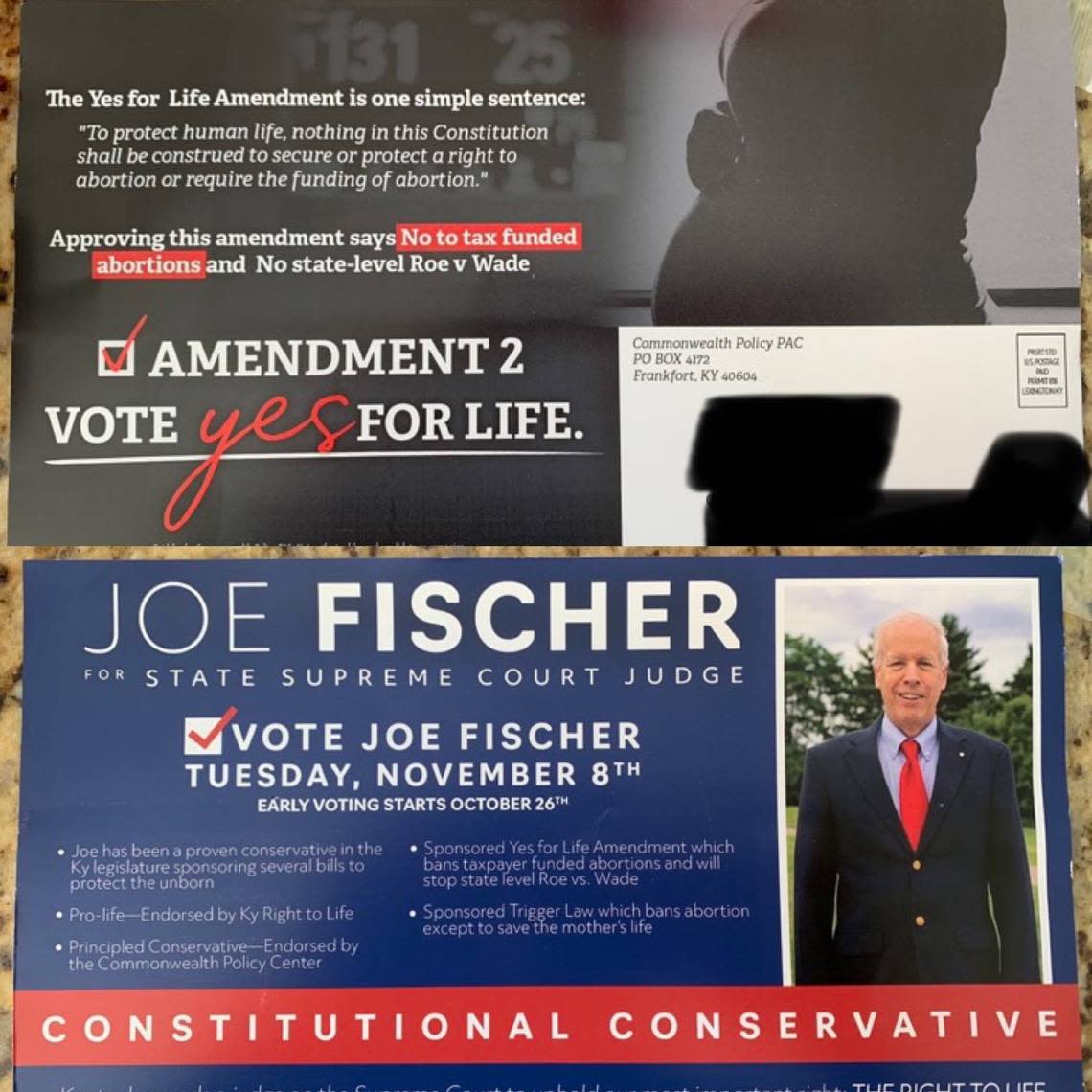 A mailer supporting both Kentucky Supreme Court candidate Joe Fischer and the anti-abortion constitutional amendment on the ballot this November.