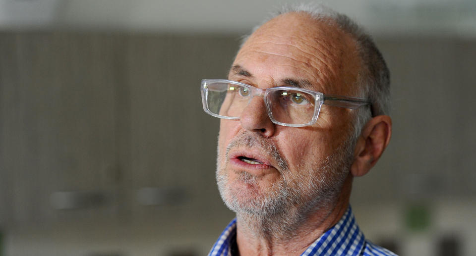 Photo of Philip Nitschke from Exit International speaking with media in Melbourne in 2014. 