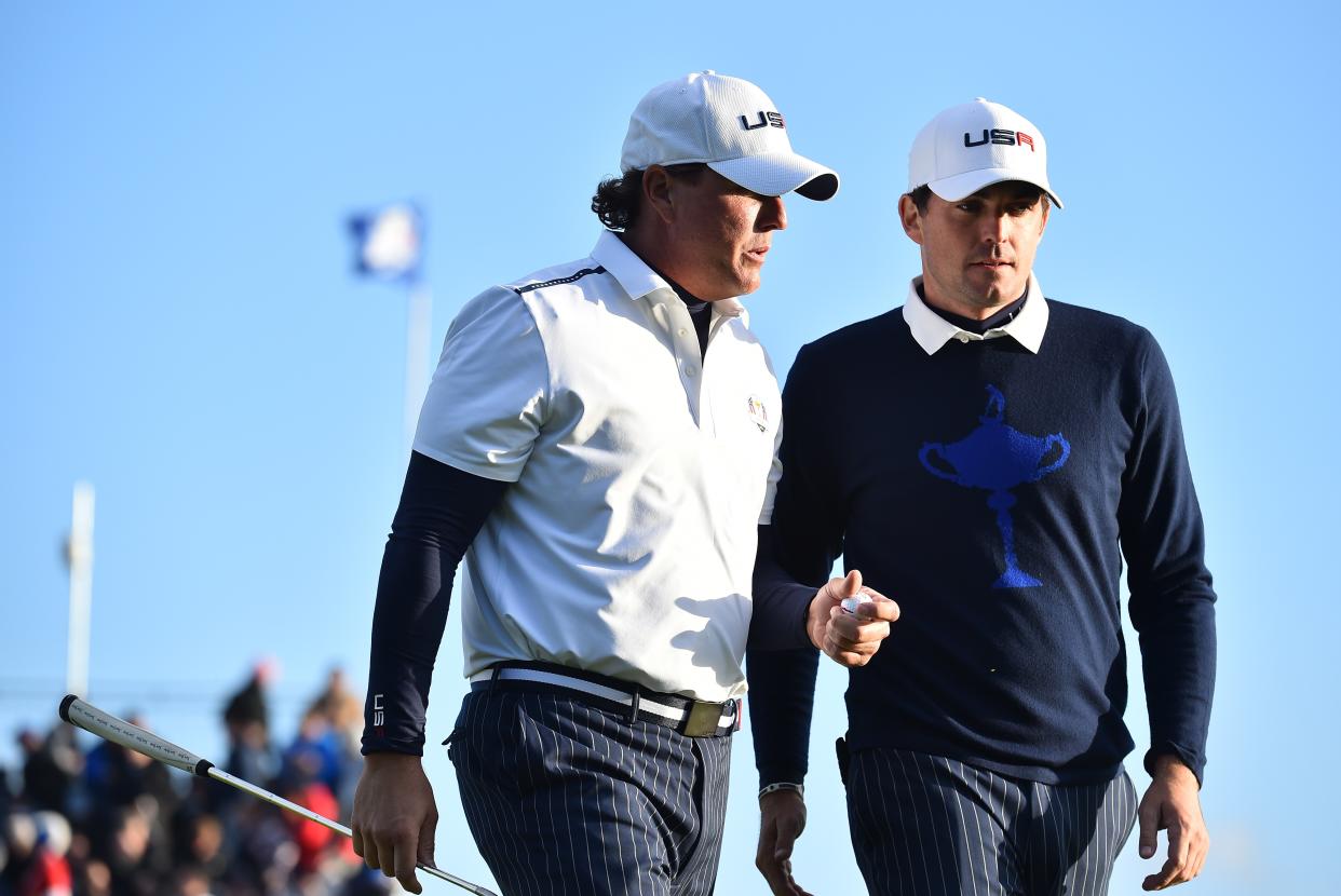 Phil Mickelson and Keegan Bradley in 2014 at the Ryder Cup. (Ben Stansall/AFP via Getty Images) 