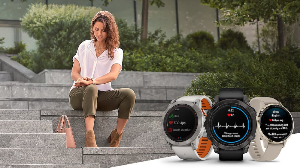  Woman sits on steps looking at a wrist watch, overlaid with three Garmin watches showing screens from the ECG feature. 