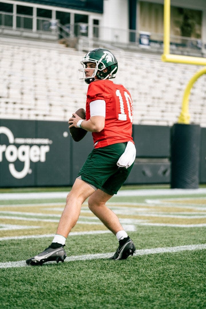 Michigan State quarterback Payton Thorne works out during practice on Sunday, Dec. 26, 2021, in Atlanta.