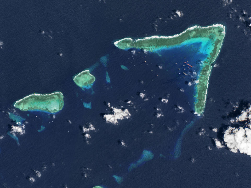 An aerial photo of Whitsun Reef, Spratly Islands, in the South China Sea.