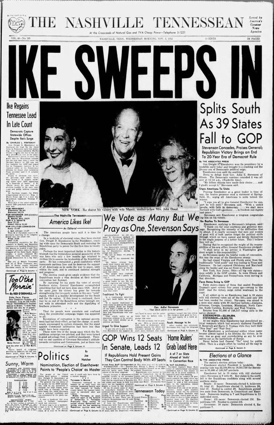 The front page of the Nov. 5, 1952, Tennessean announces Dwight D. Eisenhower's win in the the presidential election.