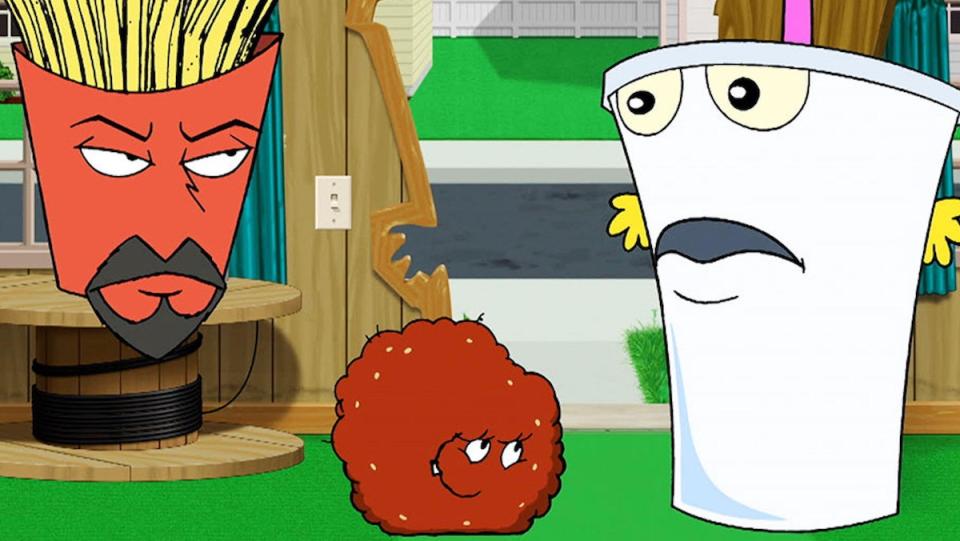 Fry, Meatwad, and Master Shake inside their home on Aqua Teen Hunger Force