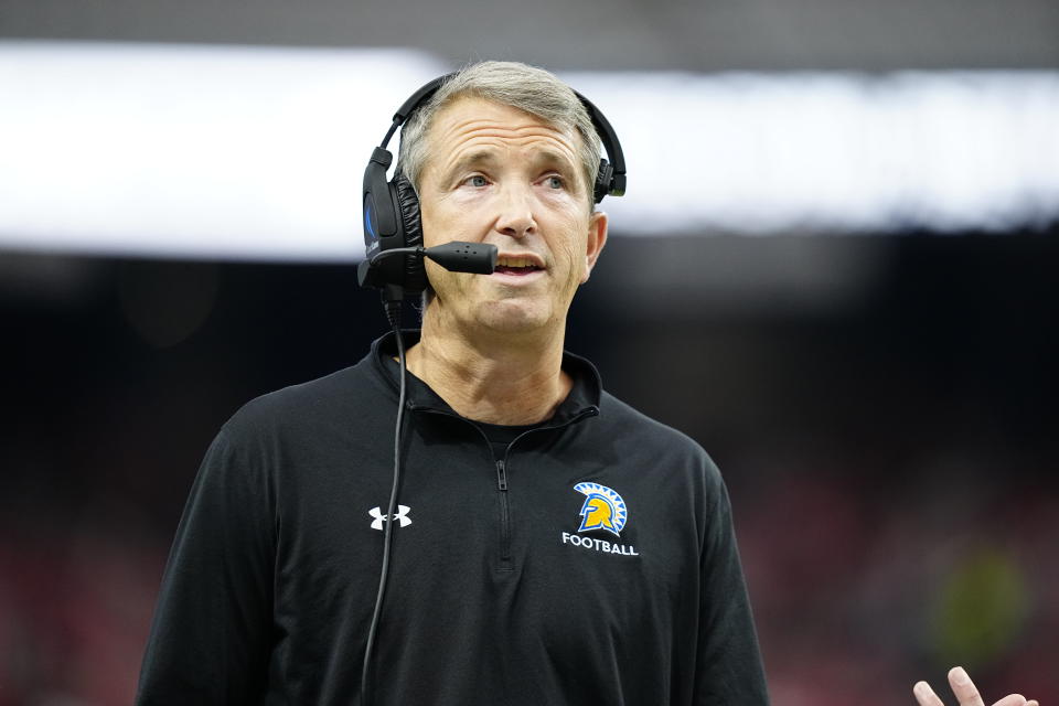 LAS VEGAS, NEVADA - NOVEMBER 25: Head coach Brent Brennan of the San Jose State Spartans looks on in the first half of a game against the UNLV Rebels at Allegiant Stadium on November 25, 2023 in Las Vegas, Nevada. (Photo by Louis Grasse/Getty Images)