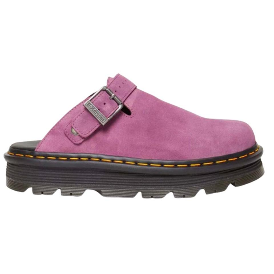 pink suede mule on platform rubber sole with a silver buckle strap