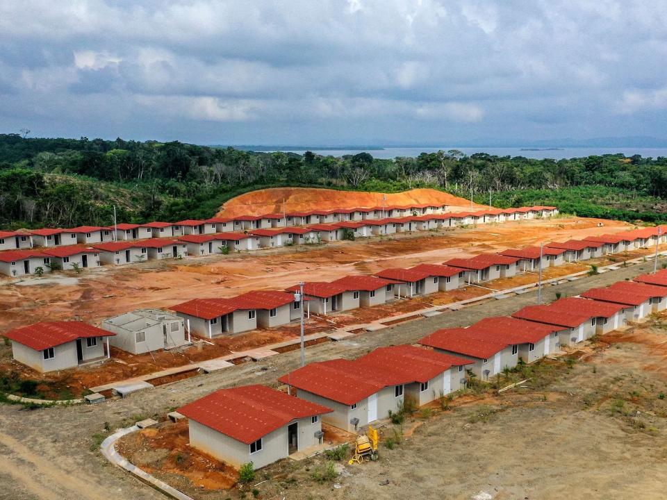 An aerial view of a row of houses in the Isber Yala neighborhood on the Caribbean coast in mainland Panama.