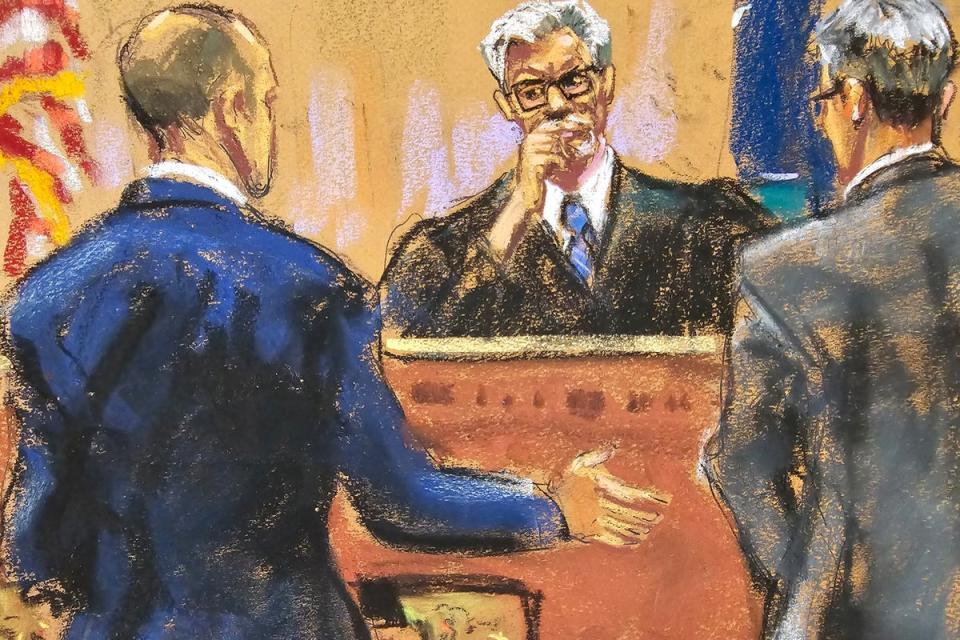 A courtroom sketch depicts Justice Juan Merchan listening to defense attorney Emil Bove and Assistant District Attorney Matthew Colangelo during  Donald Trump’s hush money trial on May 21. (REUTERS)
