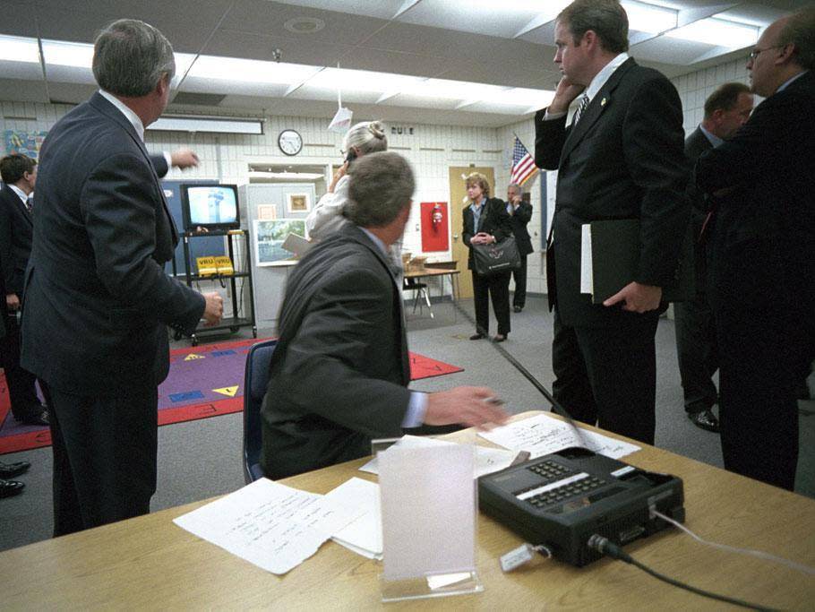 President George Bush reacts to TV news footage of the second plane hitting the Twin Towers (George W Bush Llibrary)