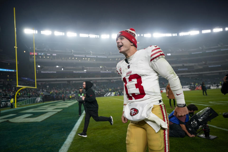 San Francisco 49ers quarterback Brock Purdy reacts following an NFL football game against the Philadelphia Eagles, Sunday, Dec. 3, 2023, in Philadelphia. The 49ers won 42-19. (AP Photo/Matt Slocum)