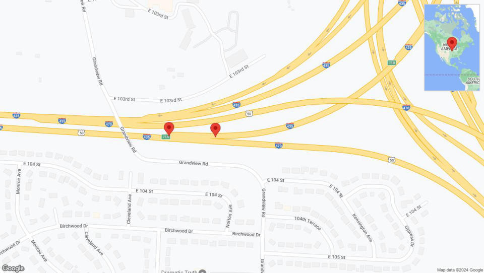 A detailed map that shows the affected road due to 'Broken down vehicle on northbound I-435 in Kansas City' on January 4th at 3:52 p.m.