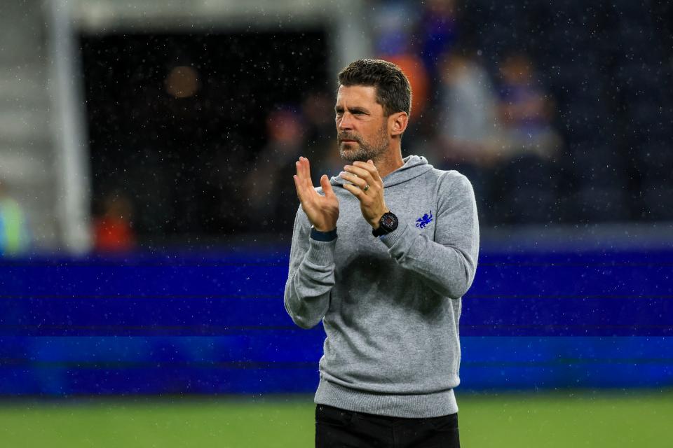 May 29, 2024; Cincinnati, Ohio, USA; FC Cincinnati head coach Pat Noonan acknowledges fans after the game against Nashville SC at TQL Stadium. Mandatory Credit: Katie Stratman-USA TODAY Sports