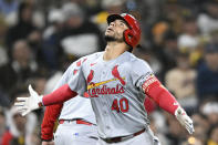 St. Louis Cardinals' Willson Contreras (40) looks skyward after hitting a two-run home run against the San Diego Padres during the sixth inning of a baseball game Tuesday, April 2, 2024, in San Diego. (AP Photo/Denis Poroy)