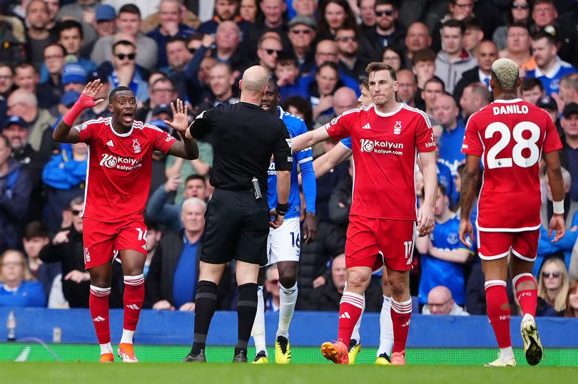 Nottingham Forest's Callum Hudson-Odoi (left) appeals for a penalty during the Premier League match at Goodison Park.