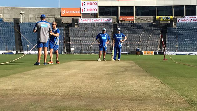 The Aussies examine the pitch before play. Image: Twitter